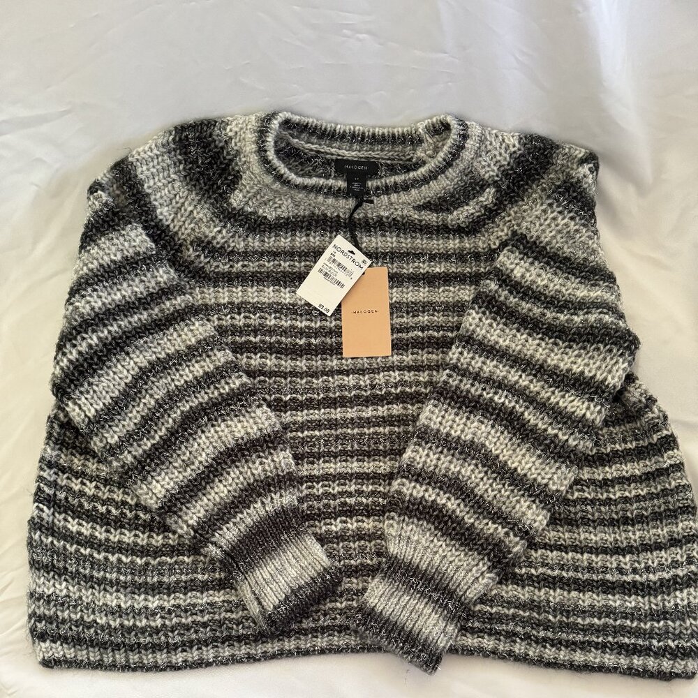 Halogen Metallic Striped Long Sleeve Pullover Sweater, Black Gray